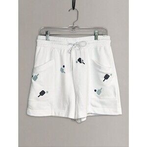 Lou & Grey Pickleball Embroidered White Athleisure French Terry Sporty Shorts